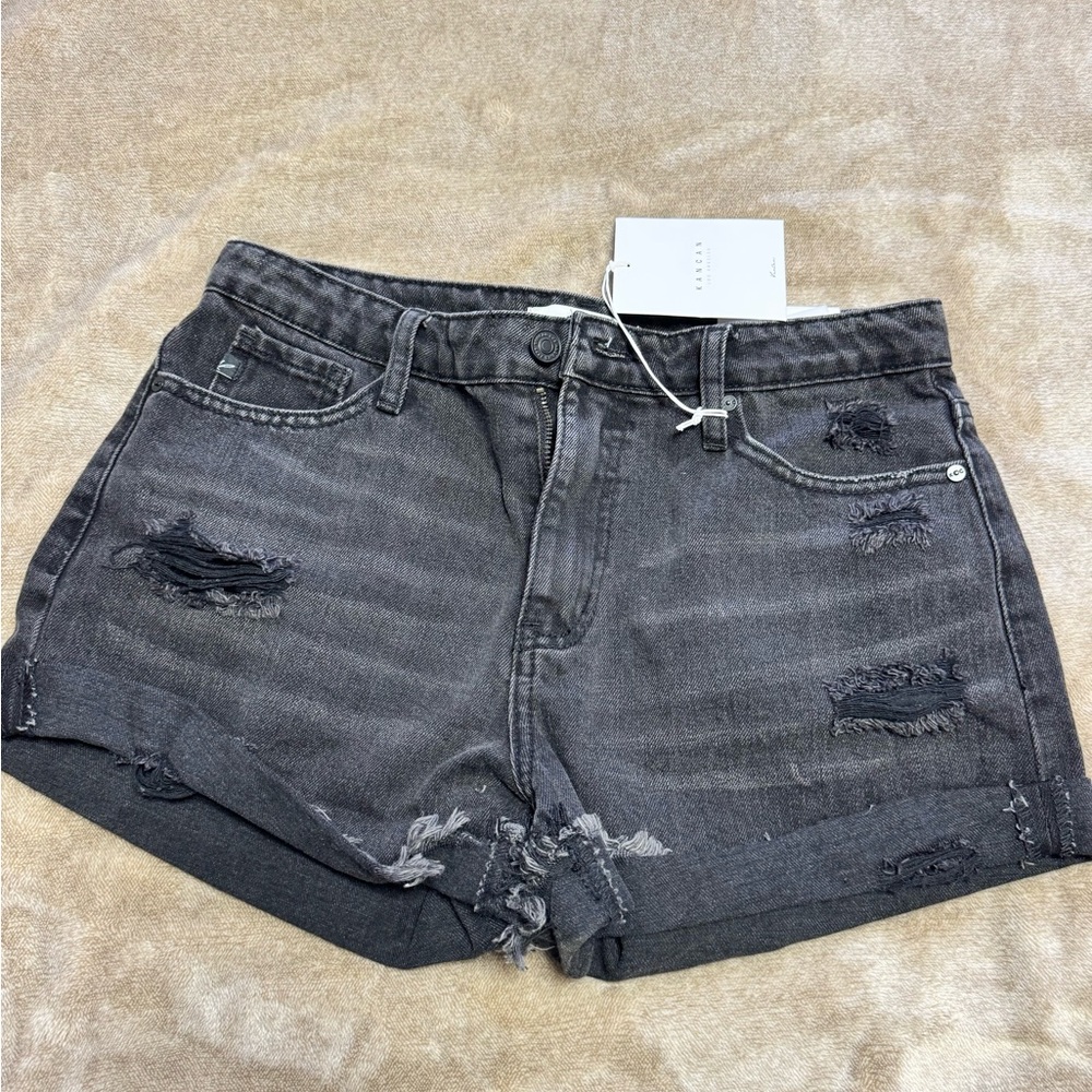 Black distressed denim shorts